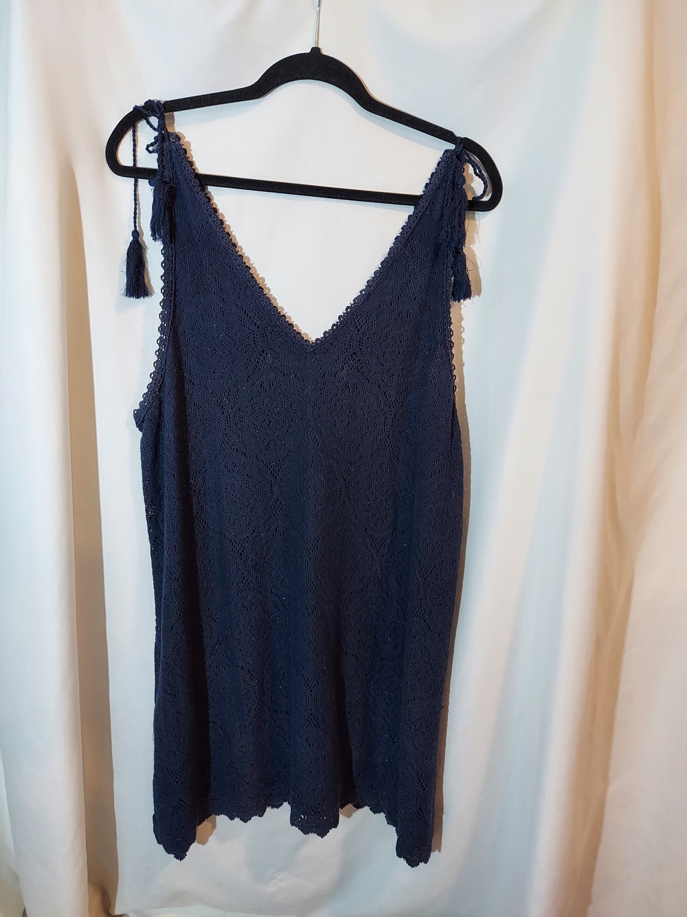 Aerie Navy Blue Crochet Lace V-Neck Swim Cover-Up Tassel Dress Tunic XL